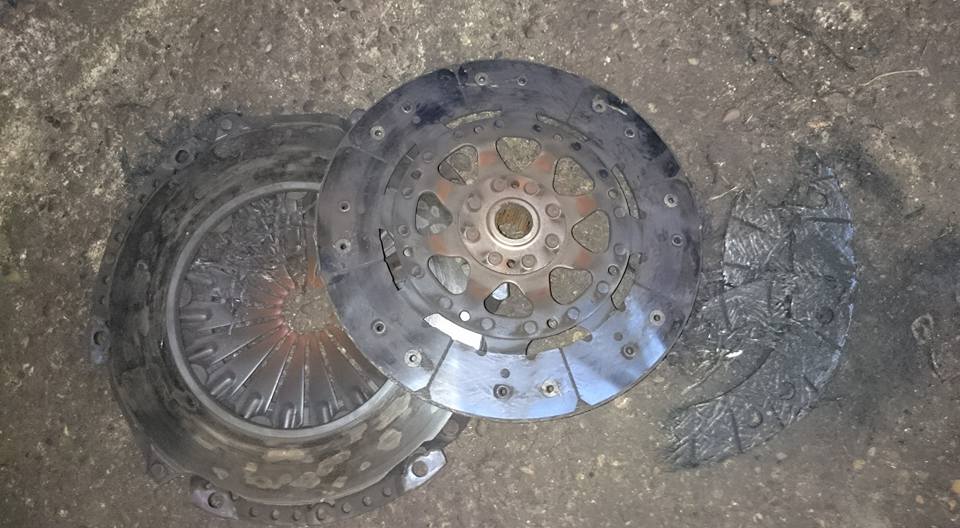 A clutch assembly removed from a customer's car during repair